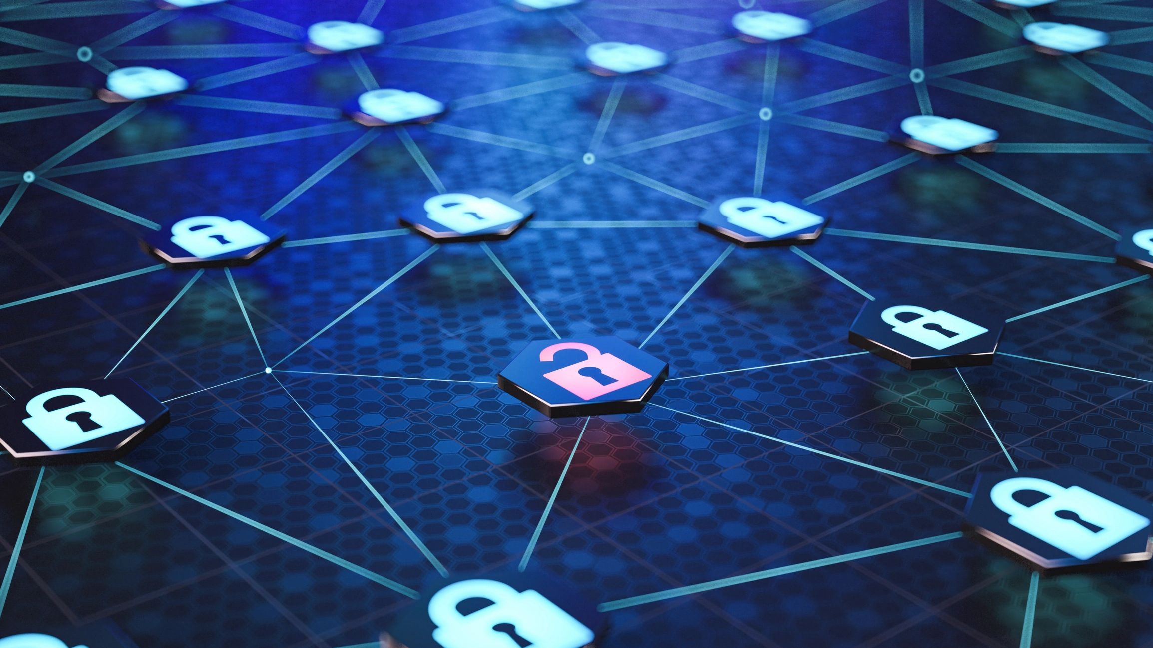 Abstract cybersecurity network with padlock icons
